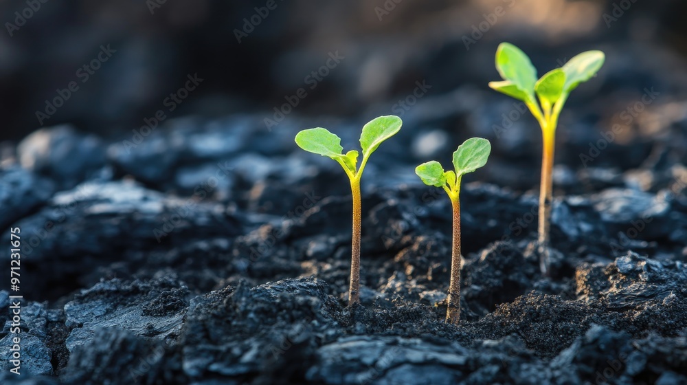 Delicate green sprouts emerging from the ashes, representing the resilience of life and rebirth after devastation. Delicate green sprouts emerging from the ashes, representing the resilience of life and rebirth after devastation.