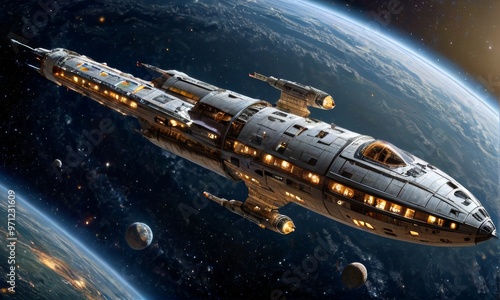 Wallpaper Mural Futuristic Spacecraft Orbiting Earth in Galaxy Torontodigital.ca