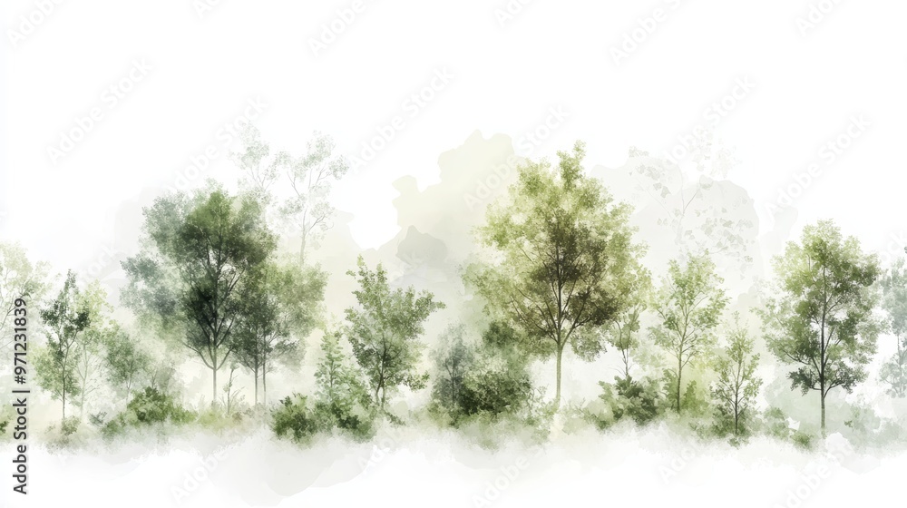 Obraz premium A serene landscape featuring watercolor trees, perfect for nature-themed projects and calming backgrounds.