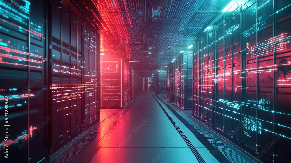 A futuristic server room with glowing red and blue lights and digital code displayed on the walls. A futuristic server room with glowing red and blue lights and digital code displayed on the walls.