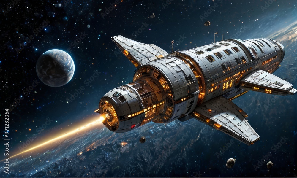 Obraz premium Futuristic Spacecraft Orbiting Earth in Galaxy