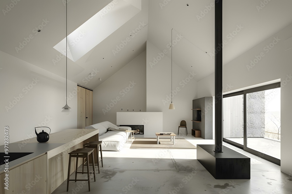 Modern Minimalist Open Plan Living Room with Large Windows Modern Minimalist Open Plan Living Room with Large Windows