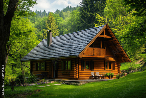 A wooden log house with a gray roof and green grass in front of the forest.