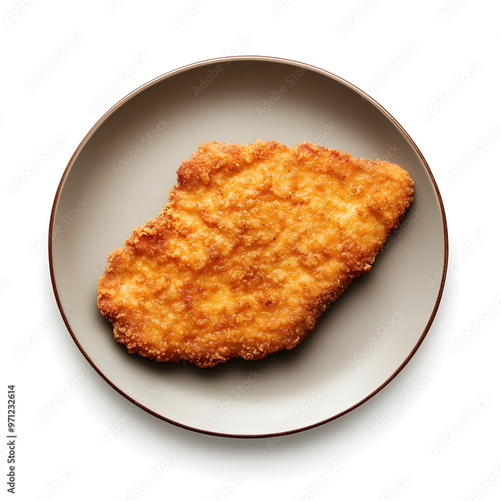 Golden brown breaded chicken schnitzel on a neutral plate – simple and delicious meal Golden brown breaded chicken schnitzel on a neutral plate – simple and delicious meal