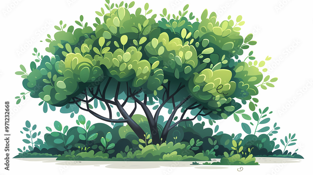 Cute green bush from the forest cartoon, isolated nature object for kids design. Branches and leaves of a fluffy bush isolated on a white background. Vector hand drawn illustration in paper cute style Cute green bush from the forest cartoon, isolated nature object for kids design. Branches and leaves of a fluffy bush isolated on a white background. Vector hand drawn illustration in paper cute style