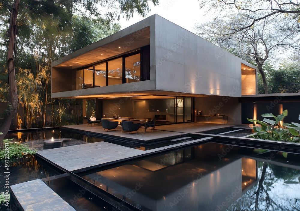 Modern Concrete House with Swimming Pool and Lush Greenery Modern Concrete House with Swimming Pool and Lush Greenery