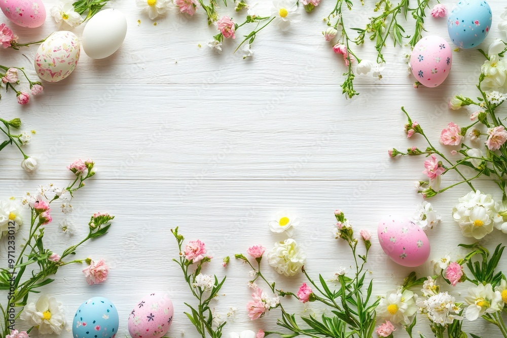 Easter eggs and spring flowers on white wooden background. Top view with copy space with generative ai Easter eggs and spring flowers on white wooden background. Top view with copy space with generative ai