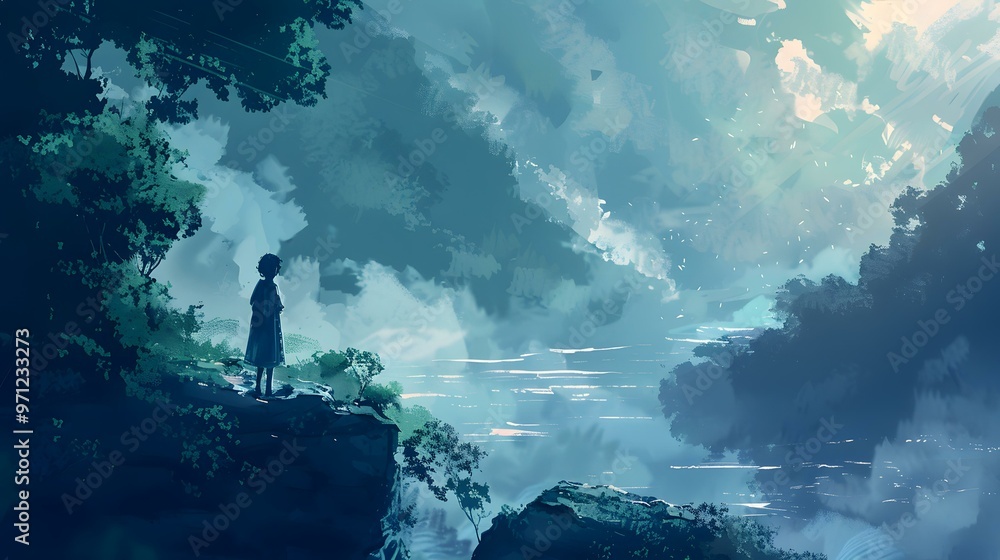 Fototapeta premium Girl Standing on Cliff Looking at the Clouds