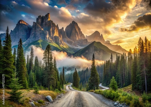 Winding dirt road snakes through rugged, rocky mountains, surrounded by dense forests and majestic peaks, with a misty atmosphere and subtle morning light. photo