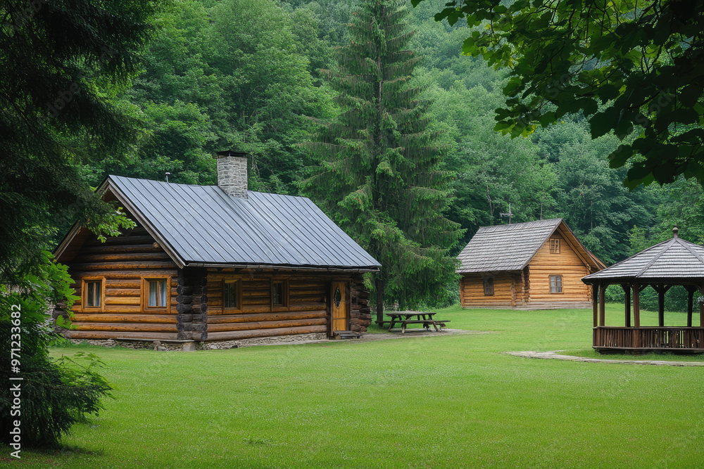 A wooden log house with a gray roof and green grass in front of the forest. A wooden log house with a gray roof and green grass in front of the forest.