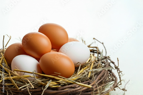 Eggs in a basket on a white background.