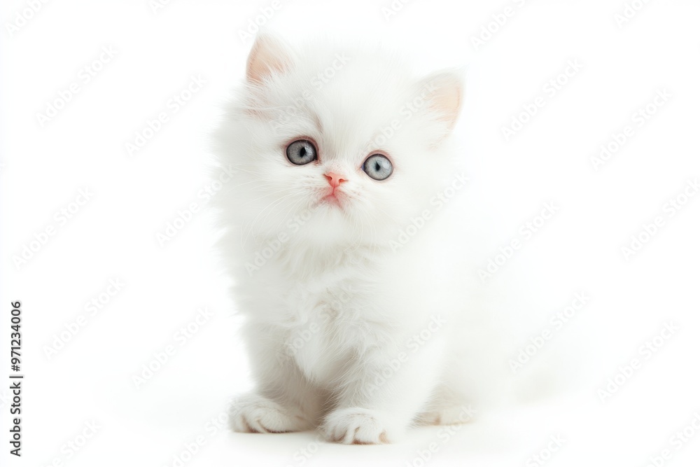 Fototapeta premium Fluffy white Persian kitten sitting on white background, isolate,
