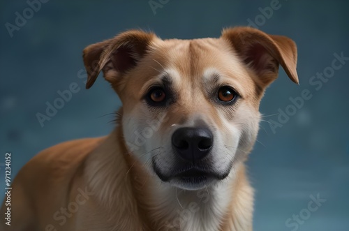 Alert Brown Dog with Pointed Ears on Blue Background