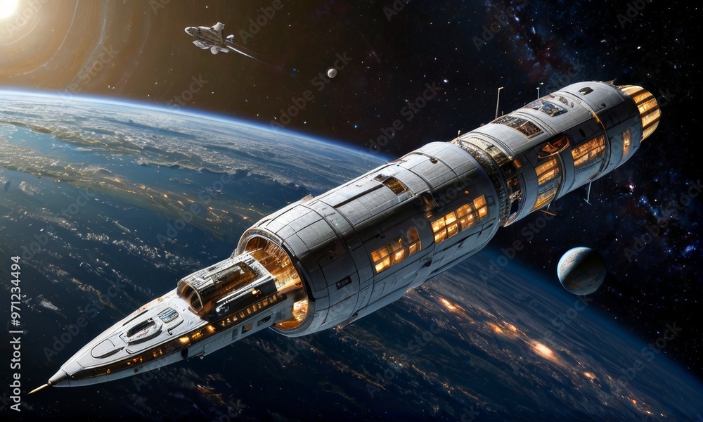 Obraz premium Futuristic Spacecraft Orbiting Earth in Galaxy