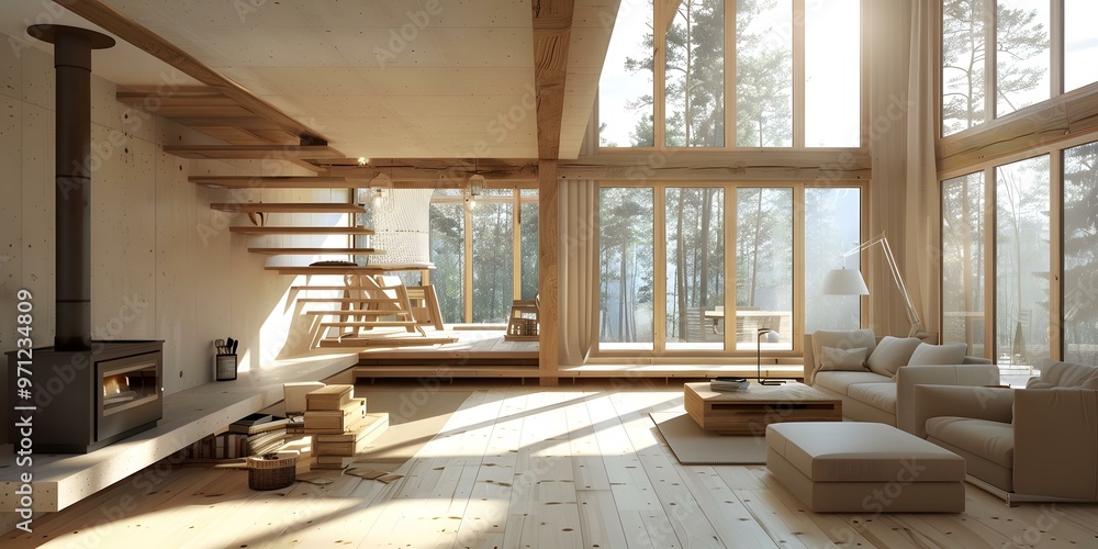 Modern Minimalist Living Room Design with Large Windows and Fireplace Modern Minimalist Living Room Design with Large Windows and Fireplace