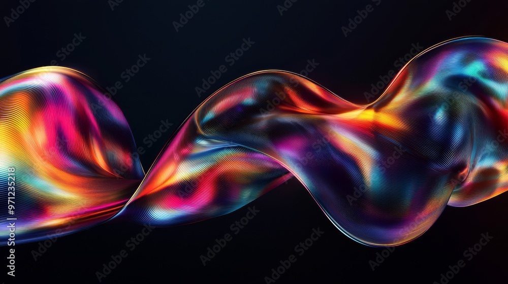 Curved flowing metallic ribbons with dynamic rainbow effects on dark backdrop Curved flowing metallic ribbons with dynamic rainbow effects on dark backdrop