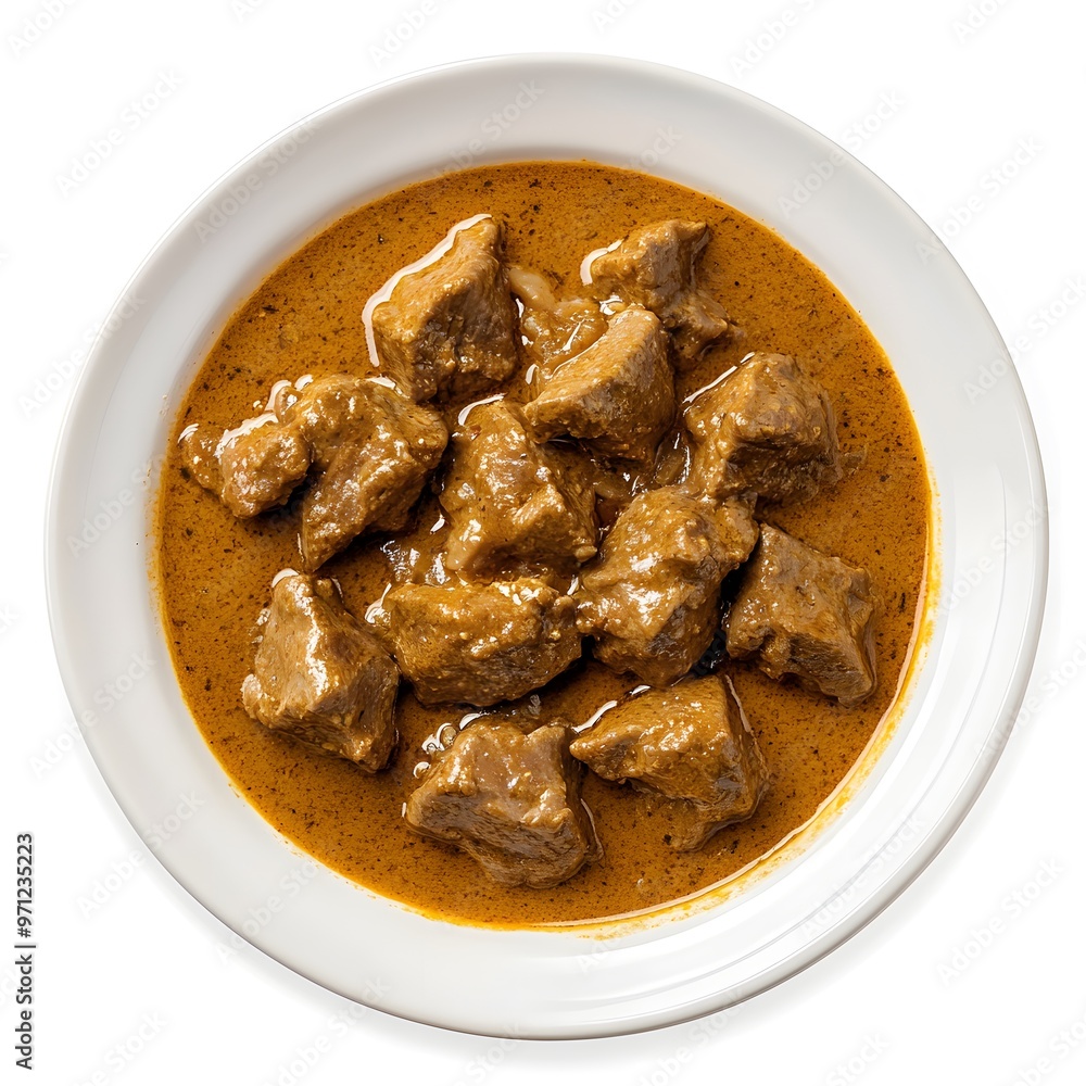 Hearty traditional beef curry stew in creamy spiced sauce on white plate Hearty traditional beef curry stew in creamy spiced sauce on white plate