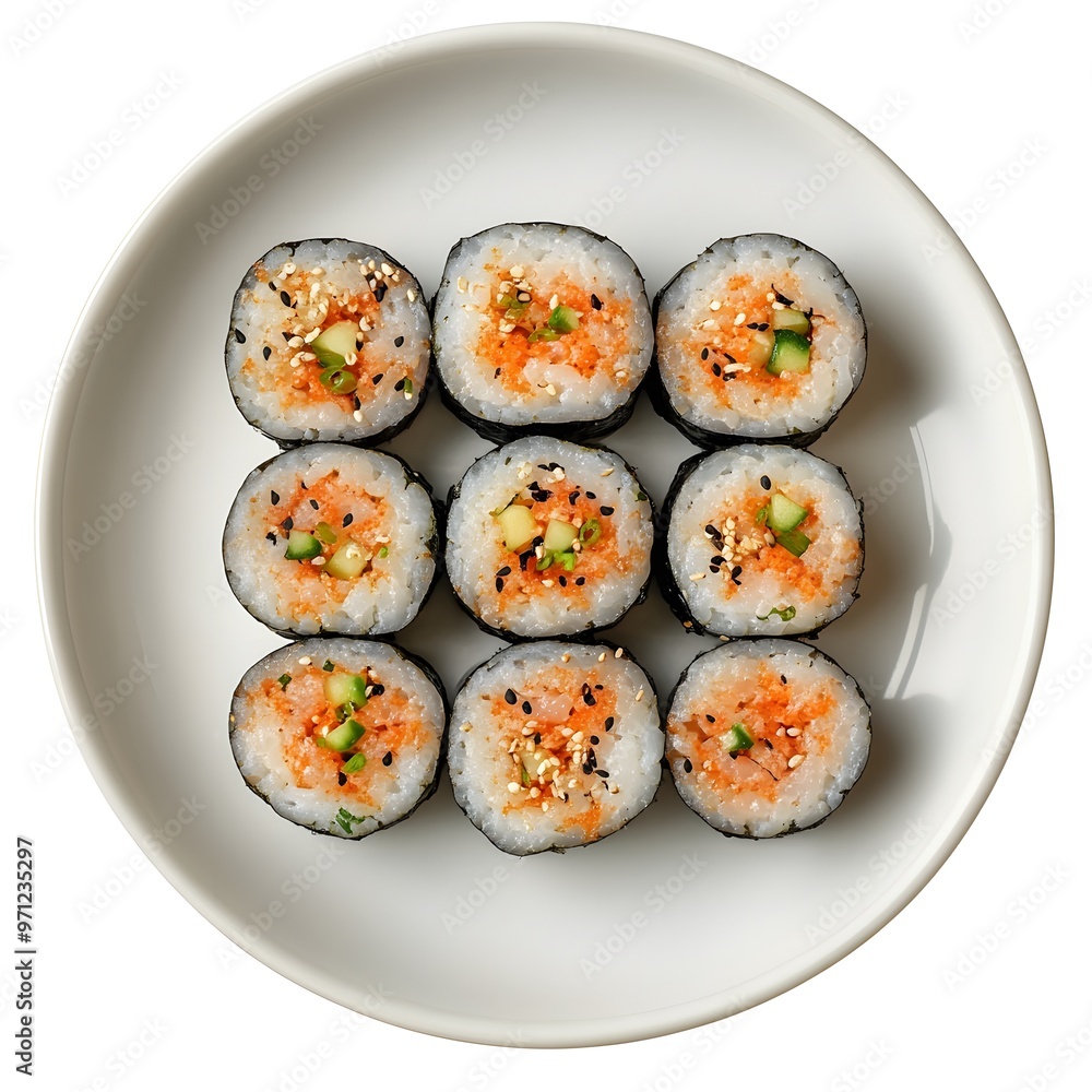 Delicious nine-piece sushi roll with fresh vegetables and sesame seeds on a white plate Delicious nine-piece sushi roll with fresh vegetables and sesame seeds on a white plate