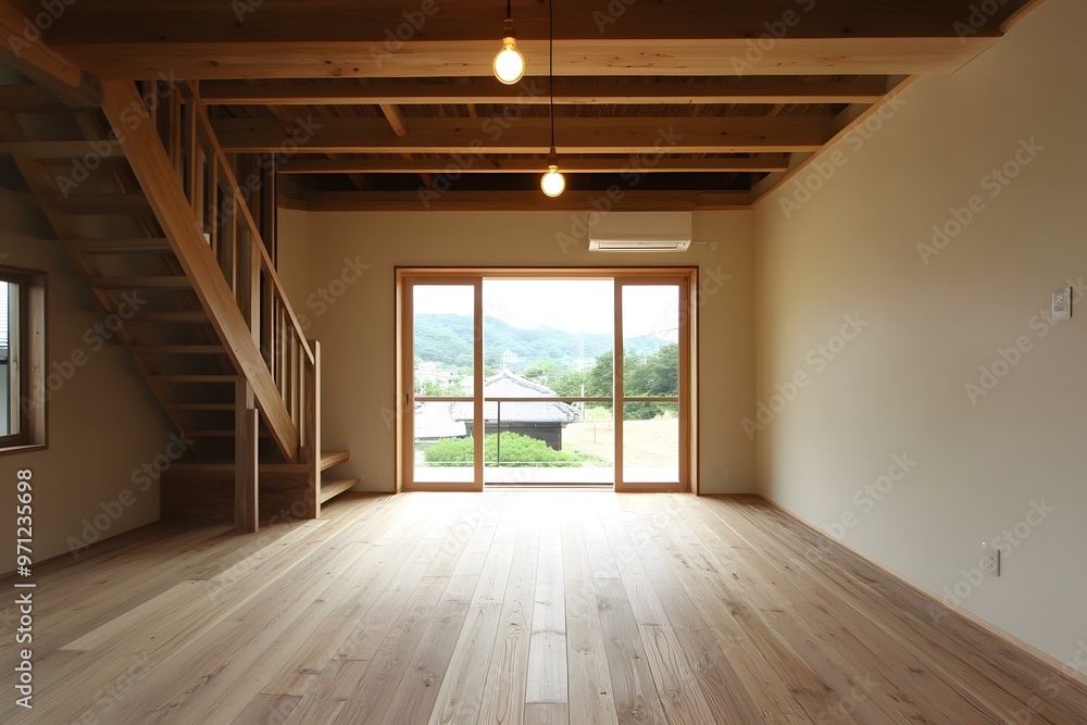 Modern Japanese Home Interior with Wooden Beams and Floor Modern Japanese Home Interior with Wooden Beams and Floor