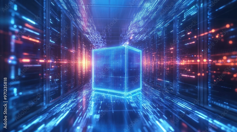 A glowing blue cube sits in a futuristic server room, surrounded by streaks of red and blue light. A glowing blue cube sits in a futuristic server room, surrounded by streaks of red and blue light.