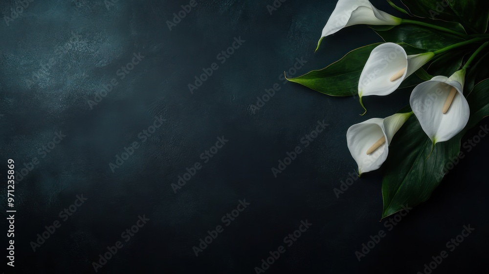 A serene arrangement of white calla lilies on a dark background, evoking elegance and calm. A serene arrangement of white calla lilies on a dark background, evoking elegance and calm.
