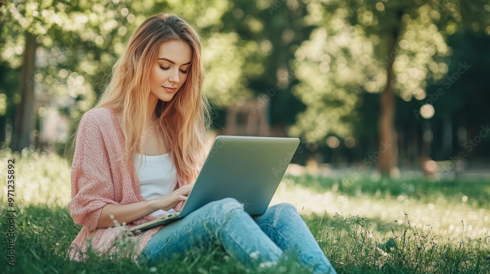 Laptop-wielding woman in nature Laptop-wielding woman in nature