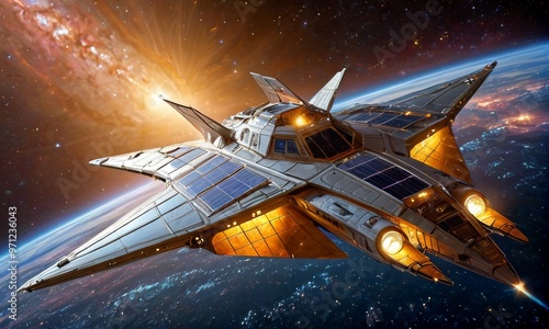 Wallpaper Mural Futuristic Starfighter in Fiery Nebula Torontodigital.ca