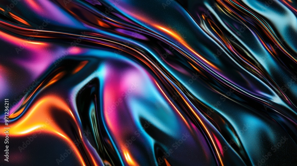 Shiny liquid shapes with iridescent reflections in vibrant colors on black Shiny liquid shapes with iridescent reflections in vibrant colors on black