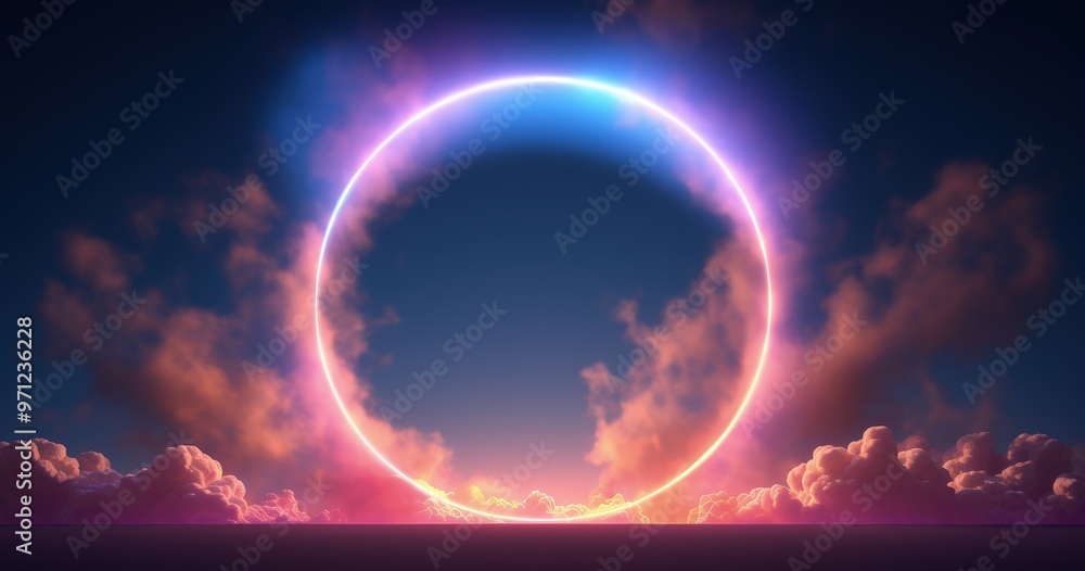 A vibrant circular light formation against a twilight sky, surrounded by soft clouds, creating a serene atmosphere. A vibrant circular light formation against a twilight sky, surrounded by soft clouds, creating a serene atmosphere.