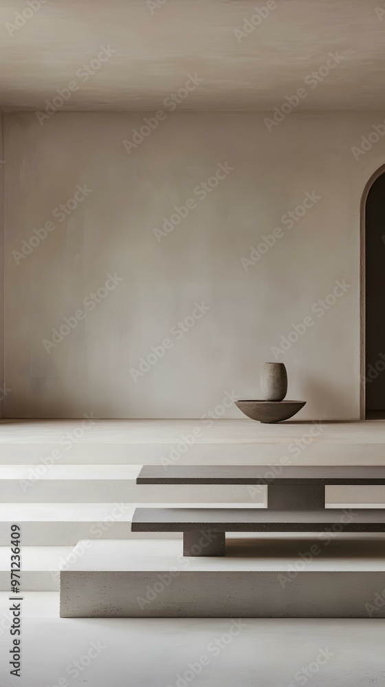 Minimalist Interior Design with Concrete Steps and a Ceramic Vase Minimalist Interior Design with Concrete Steps and a Ceramic Vase