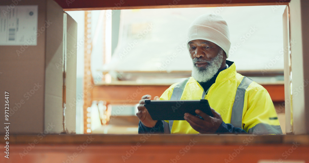Shipping, tablet and storage with black man in warehouse for inventory, logistics or distribution. Export, delivery or cargo with digital checklist for customs compliance in supply chain management Shipping, tablet and storage with black man in warehouse for inventory, logistics or distribution. Export, delivery or cargo with digital checklist for customs compliance in supply chain management