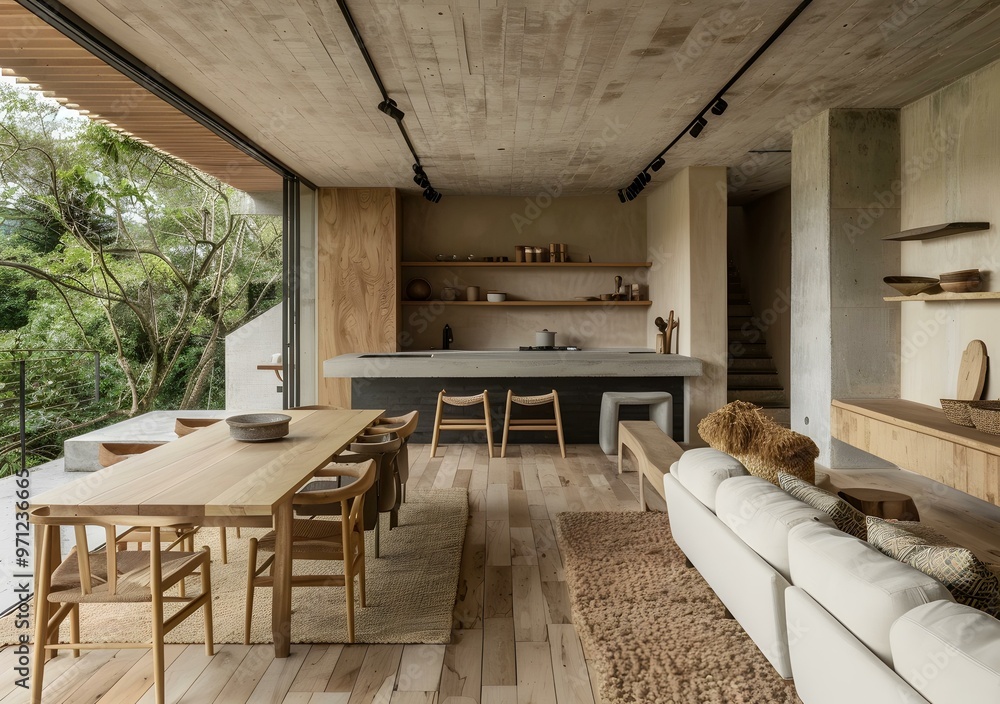 Naklejka premium Modern Minimalist Living Room With Concrete And Wood