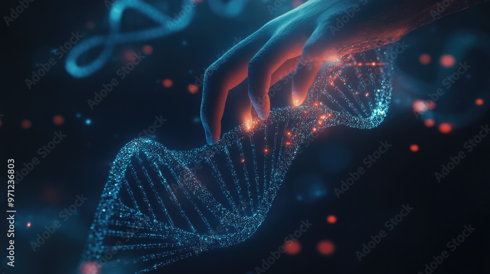 A glowing blue DNA strand is held in a hand with red glowing lights around it against a dark blue background. A glowing blue DNA strand is held in a hand with red glowing lights around it against a dark blue background.