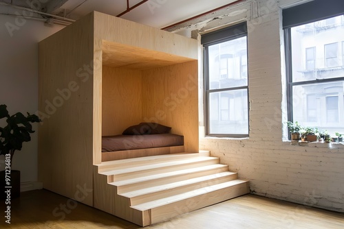 Modern Wooden Bed Platform with Stairs in Loft Apartment