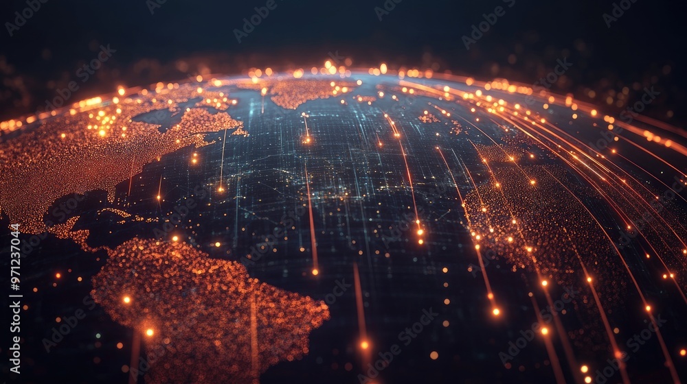 Glowing lines connecting points on a globe, representing the spread of digital data and a global network in a futuristic concept. Glowing lines connecting points on a globe, representing the spread of digital data and a global network in a futuristic concept.