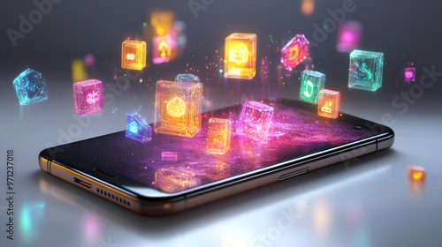 Wallpaper Mural 3D Smartphone with Holographic Festival Icons Floating Above on White Background - Glowing Elements for Festive Mood, Ample Copy Space, Isolated Design Torontodigital.ca