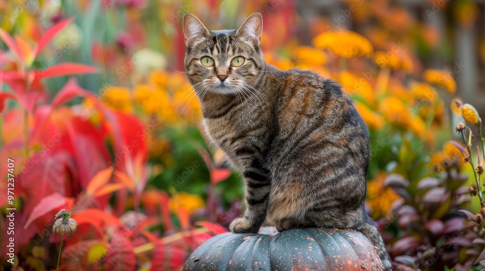 A playful tabby cat perches on a pumpkin surrounded by vibrant fall flowers and colorful foliage, embodying autumn charm. A playful tabby cat perches on a pumpkin surrounded by vibrant fall flowers and colorful foliage, embodying autumn charm.