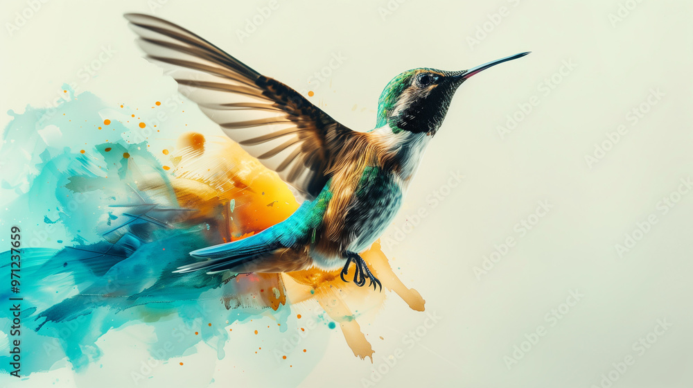 Fototapeta premium Flying hummingbird on watercolor background