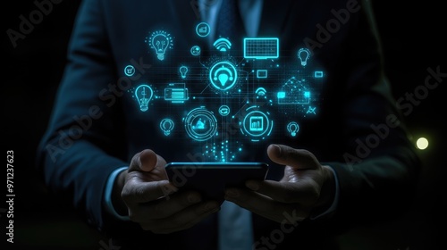Wallpaper Mural A businessman holding a smartphone with glowing digital icons representing technology, innovation, and the future. Torontodigital.ca