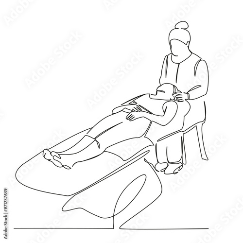 One continuous single drawing line art flat doodle osteopath, physical therapy, patient, recovery, head, medicine, pain, person, female. Isolated image hand draw contour on a white background
