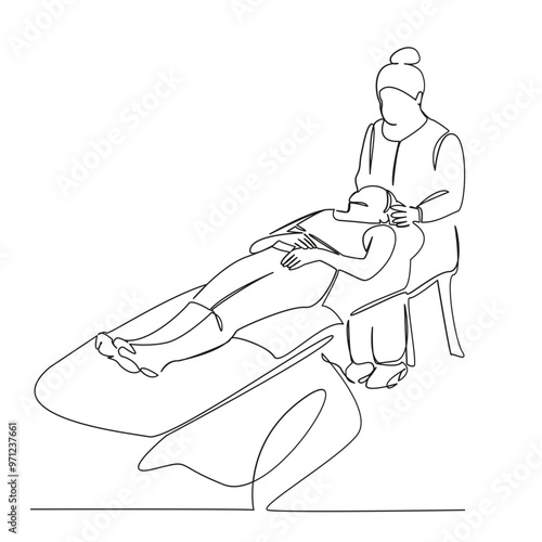 One continuous single drawing line art flat doodle osteopath, physical therapy, patient, recovery, head, medicine, pain, person, female. Isolated image hand draw contour on a white background