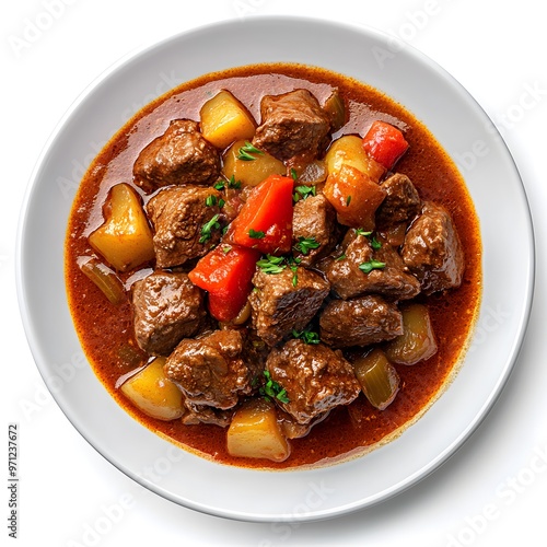 Hearty beef stew with vegetables in rich tomato sauce garnished with fresh parsley