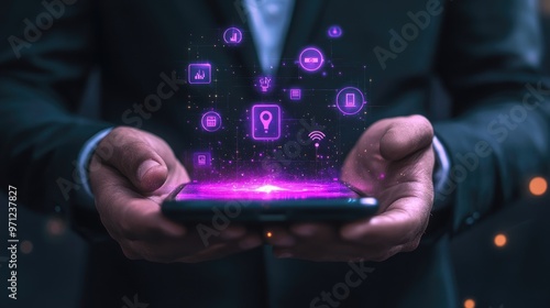 Wallpaper Mural A businessman holding a smartphone with glowing icons and digital data surrounding it, representing modern technology and innovation. Torontodigital.ca