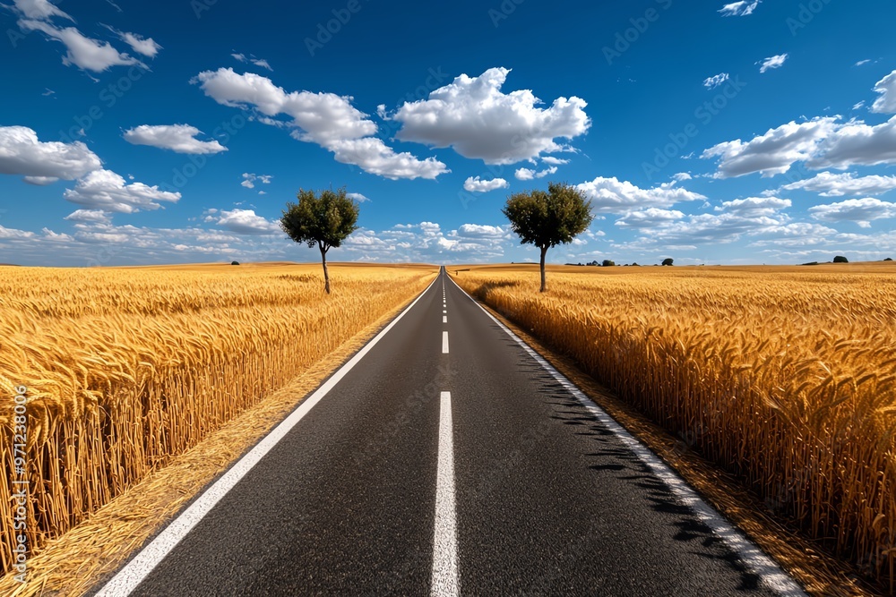 Naklejka premium A long, straight rural road stretching into the horizon, surrounded by golden wheat fields swaying in the breeze