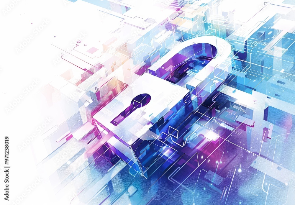Abstract digital illustration of a padlock symbolizing cybersecurity and data protection in a vibrant, futuristic environment. Abstract digital illustration of a padlock symbolizing cybersecurity and data protection in a vibrant, futuristic environment.