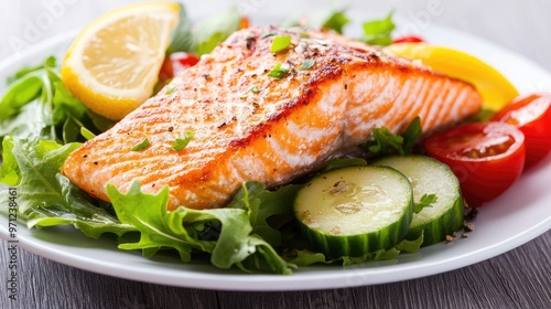 Grilled salmon and a fresh garden salad with leafy greens, tomatoes, and cucumbers, served with a lemon wedge.