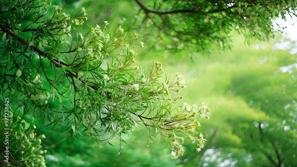 Full frame of green foliage on branches and bokeh background Full frame of green foliage on branches and bokeh background