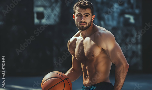 Handsome male playing basketball outdoor