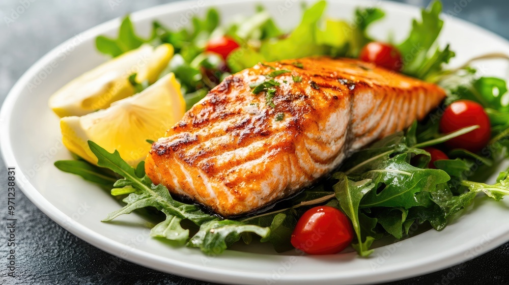 Grilled salmon fillet served with a vibrant salad of mixed greens, cherry tomatoes, and lemon wedges, arranged on a white plate. Grilled salmon fillet served with a vibrant salad of mixed greens, cherry tomatoes, and lemon wedges, arranged on a white plate.