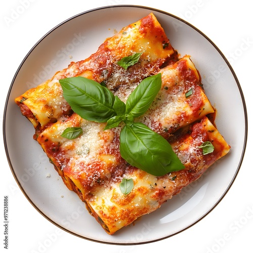 Delicious baked cannelloni with tomato sauce and fresh basil garnish